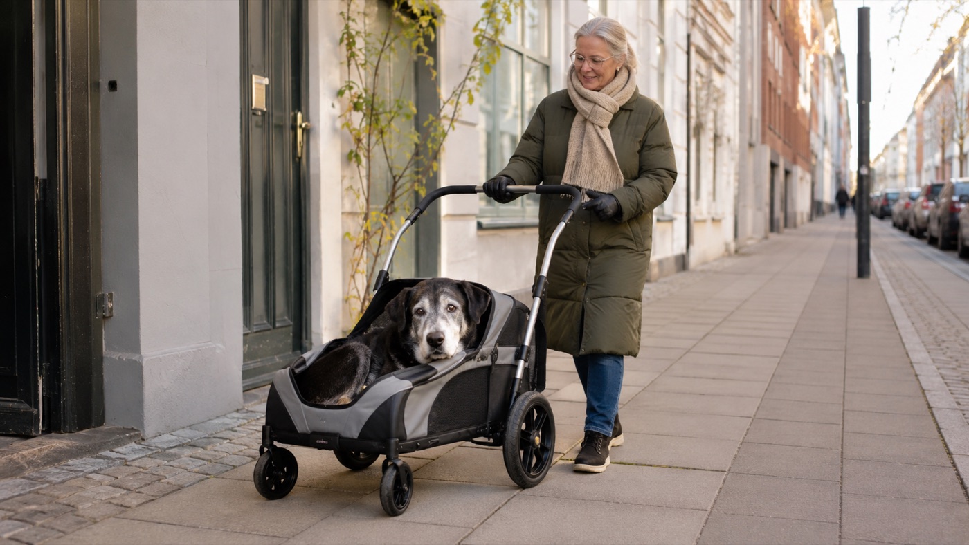 Äldre kvinna med senior hund i hundvagn