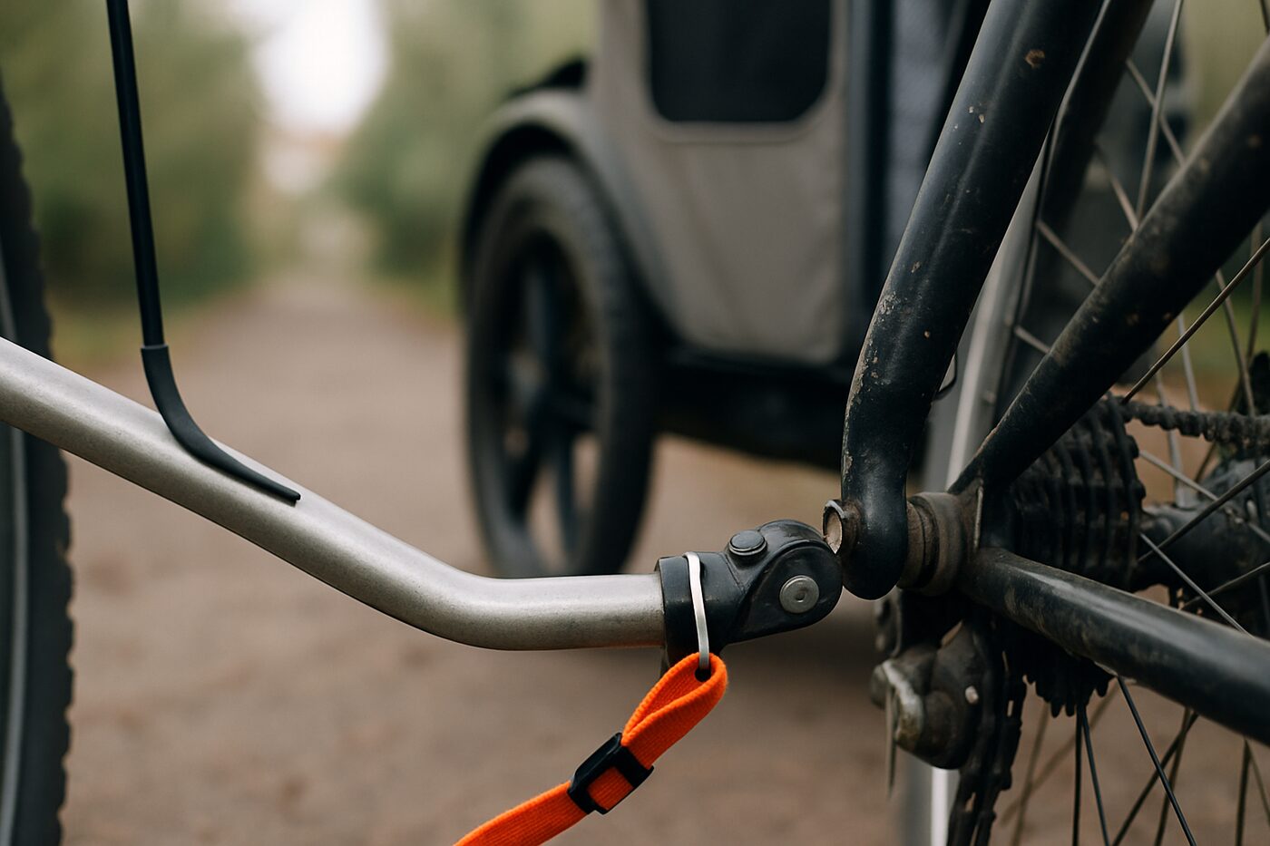 Närbild på cykelvagnens fäste vid cykelns bakaxel