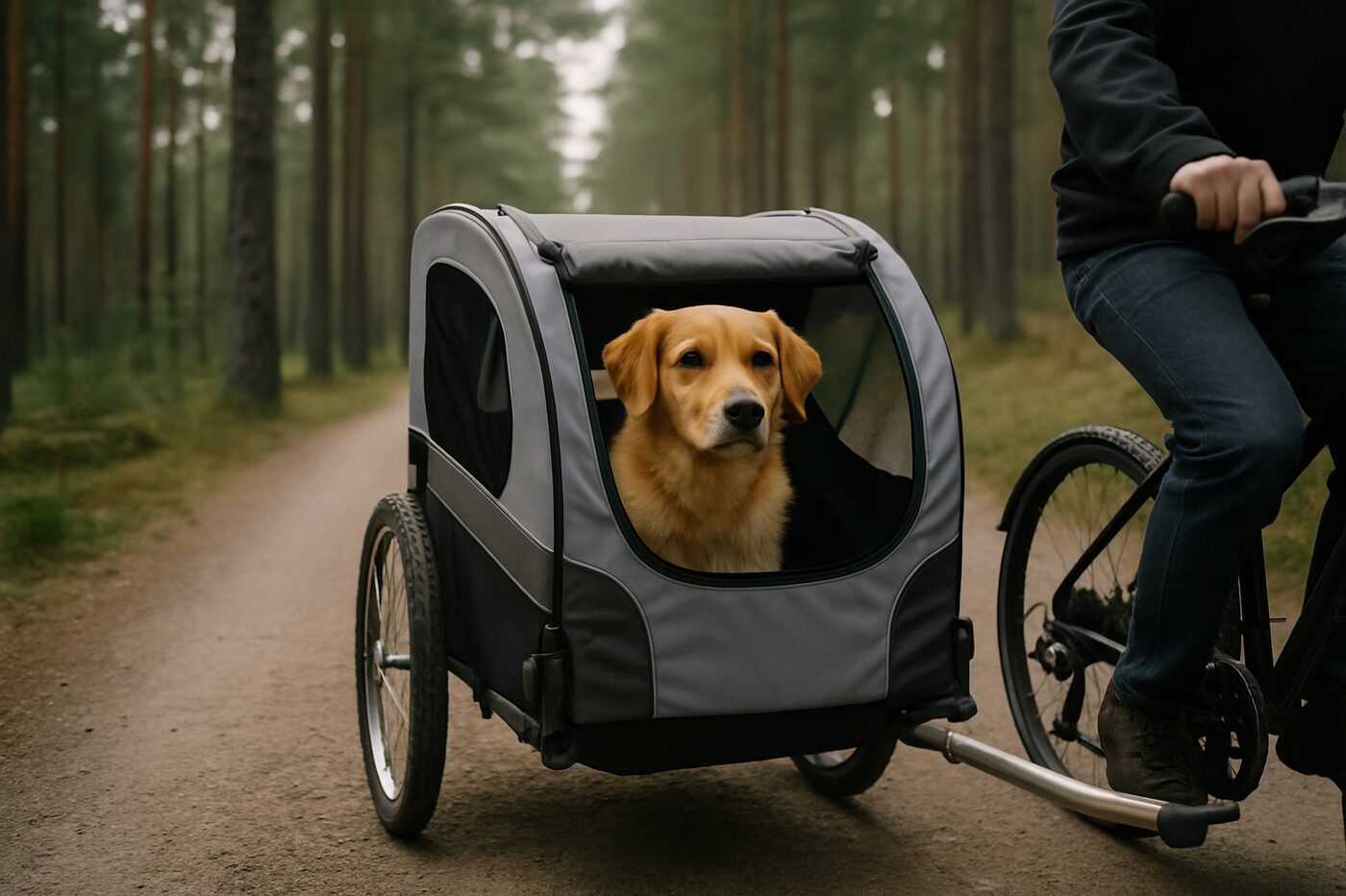 Hund i vagn på grusväg i terräng