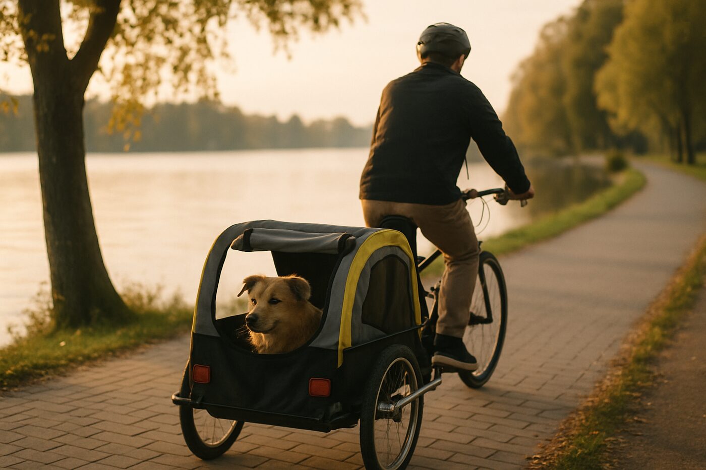 En hund som åker i en cykelvagn bakom en cykel på en väg vid en sjö