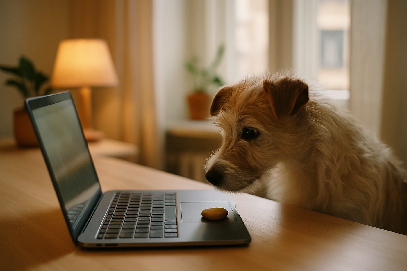 En nyfiken hund vid en laptop med en kaka bredvid tangentbordet