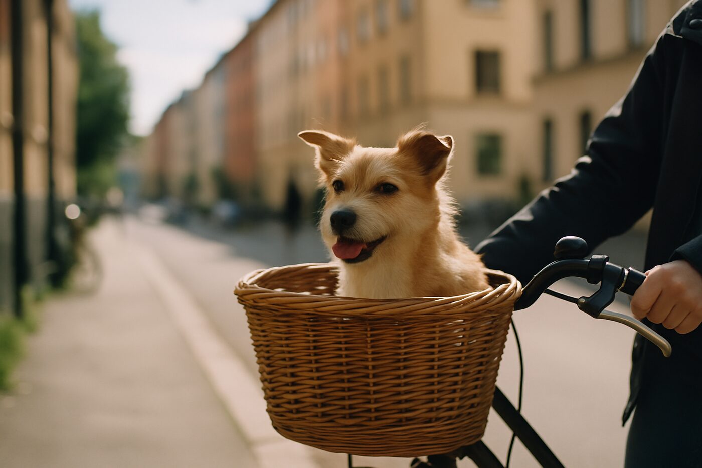 En liten hund som åker i en cykelkorg monterad på styret