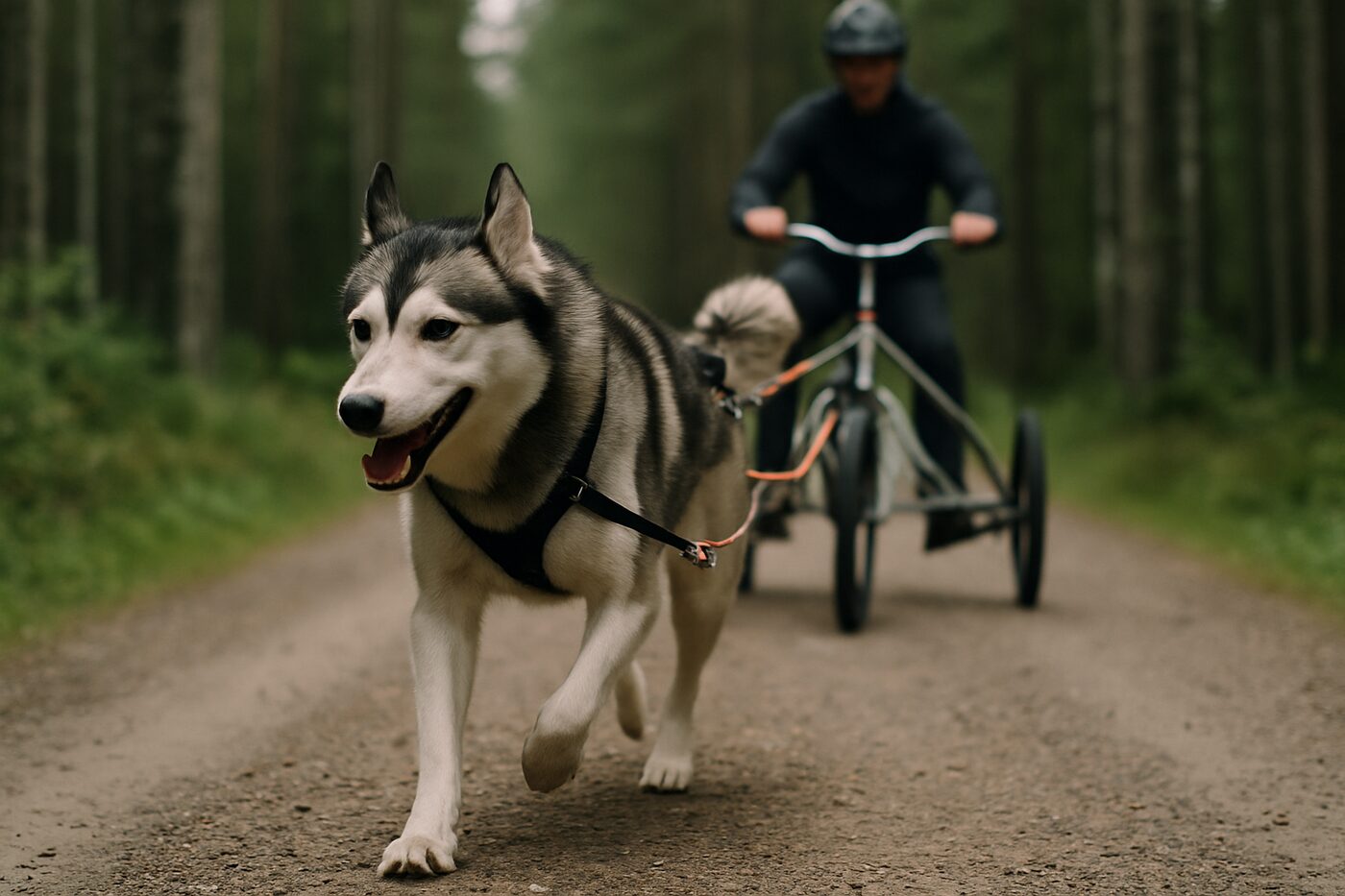 En husky som drar en barmarkscart på en skogsväg i draghundssport