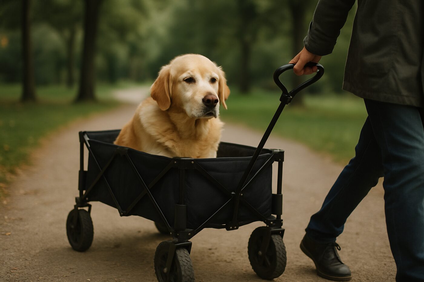 En äldre hund som åker i en dragkärra som dras längs en parkväg
