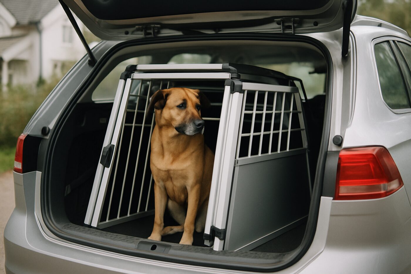 Hund som sitter i en krocktestad transportbur i bagageluckan på en kombi