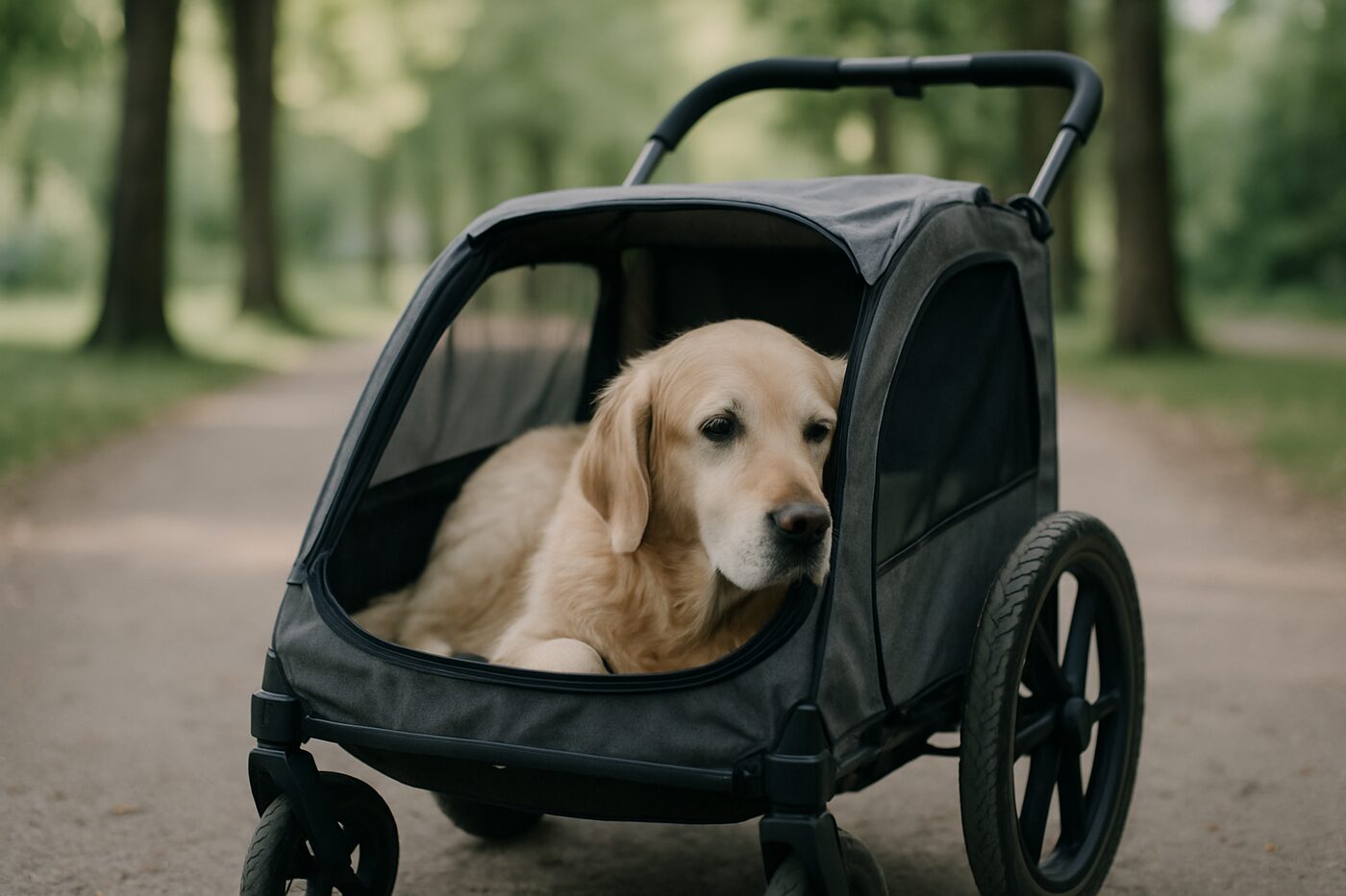 Stor hund i en låg premium pet-vagn