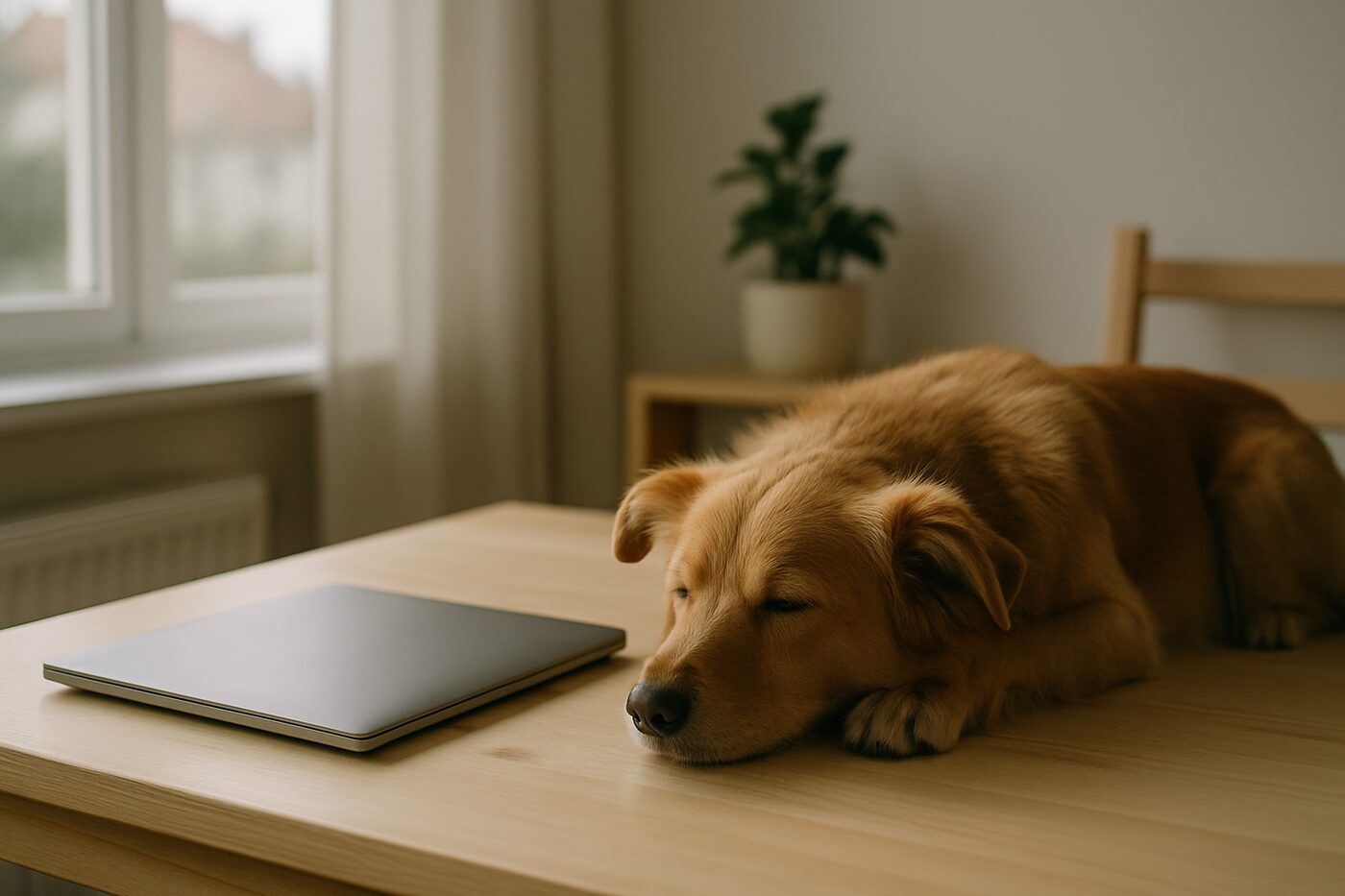 En hund som vilar lugnt bredvid en stängd laptop på ett skrivbord