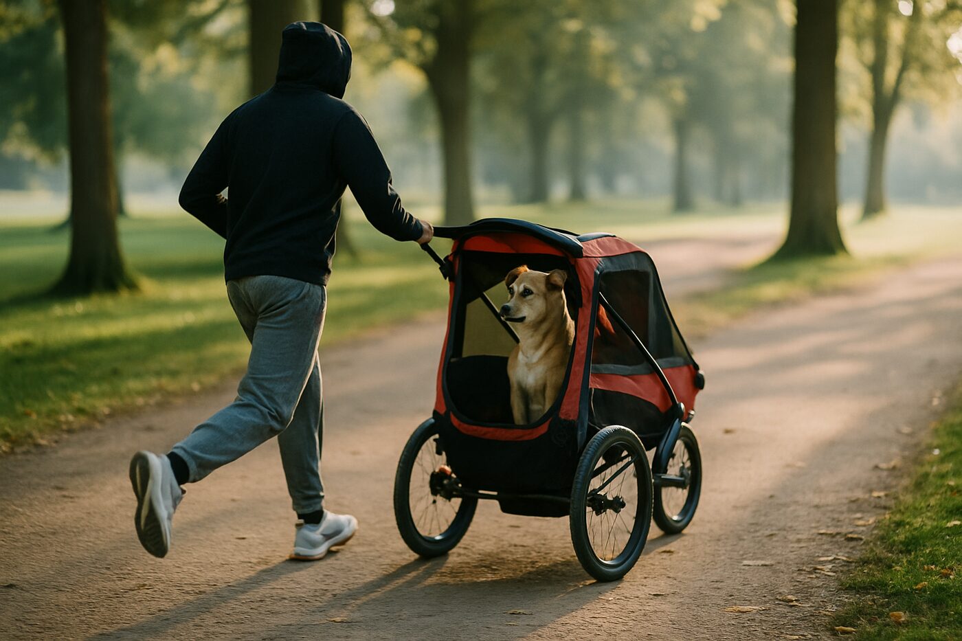 Person som joggar med hund i en joggingvagn