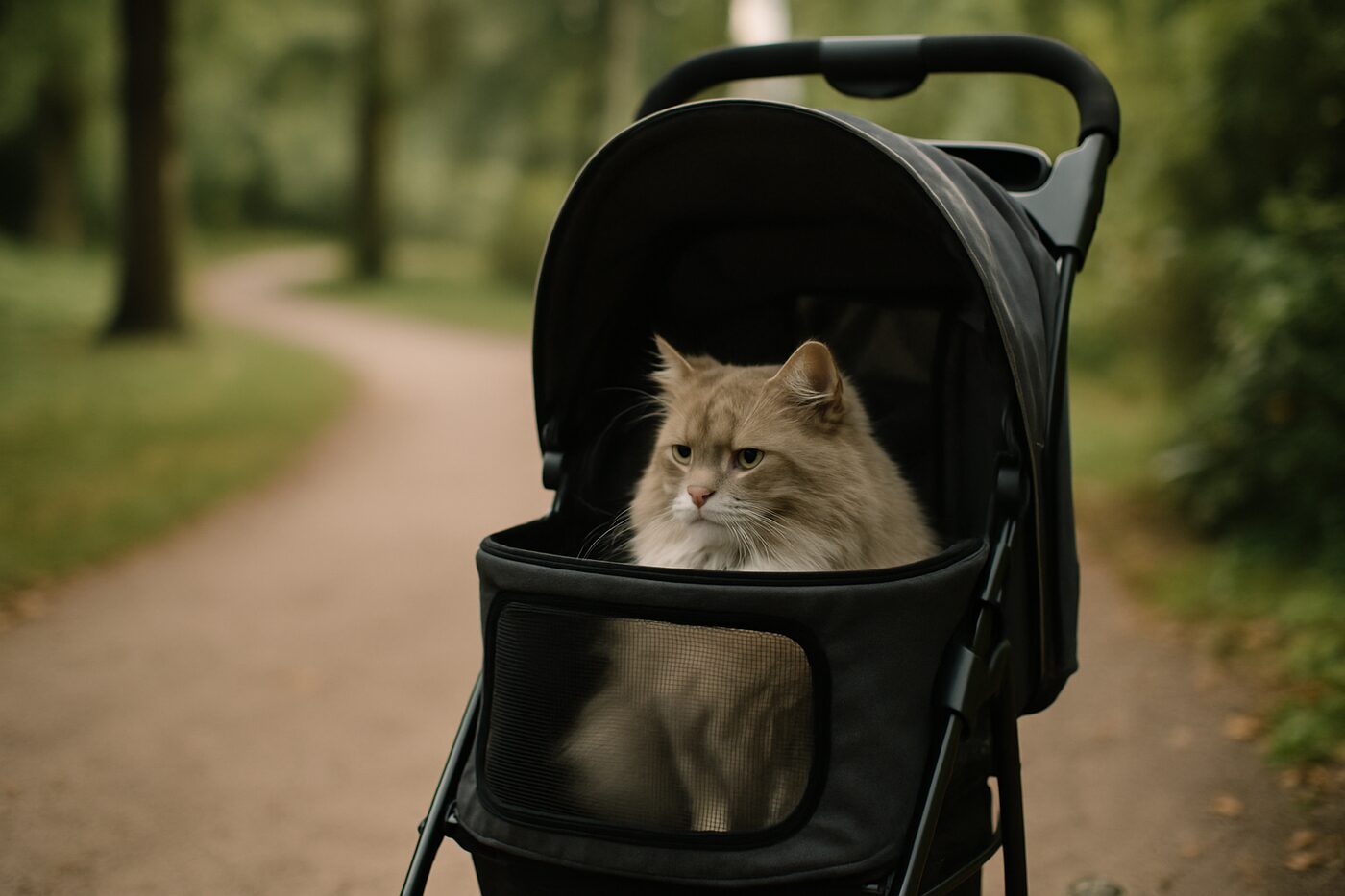 Långhårig katt som sitter i en kattvagn med nätfönster på en parkväg