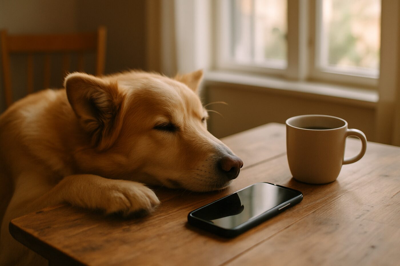 En hund som vilar bredvid en telefon och en kopp kaffe på ett bord