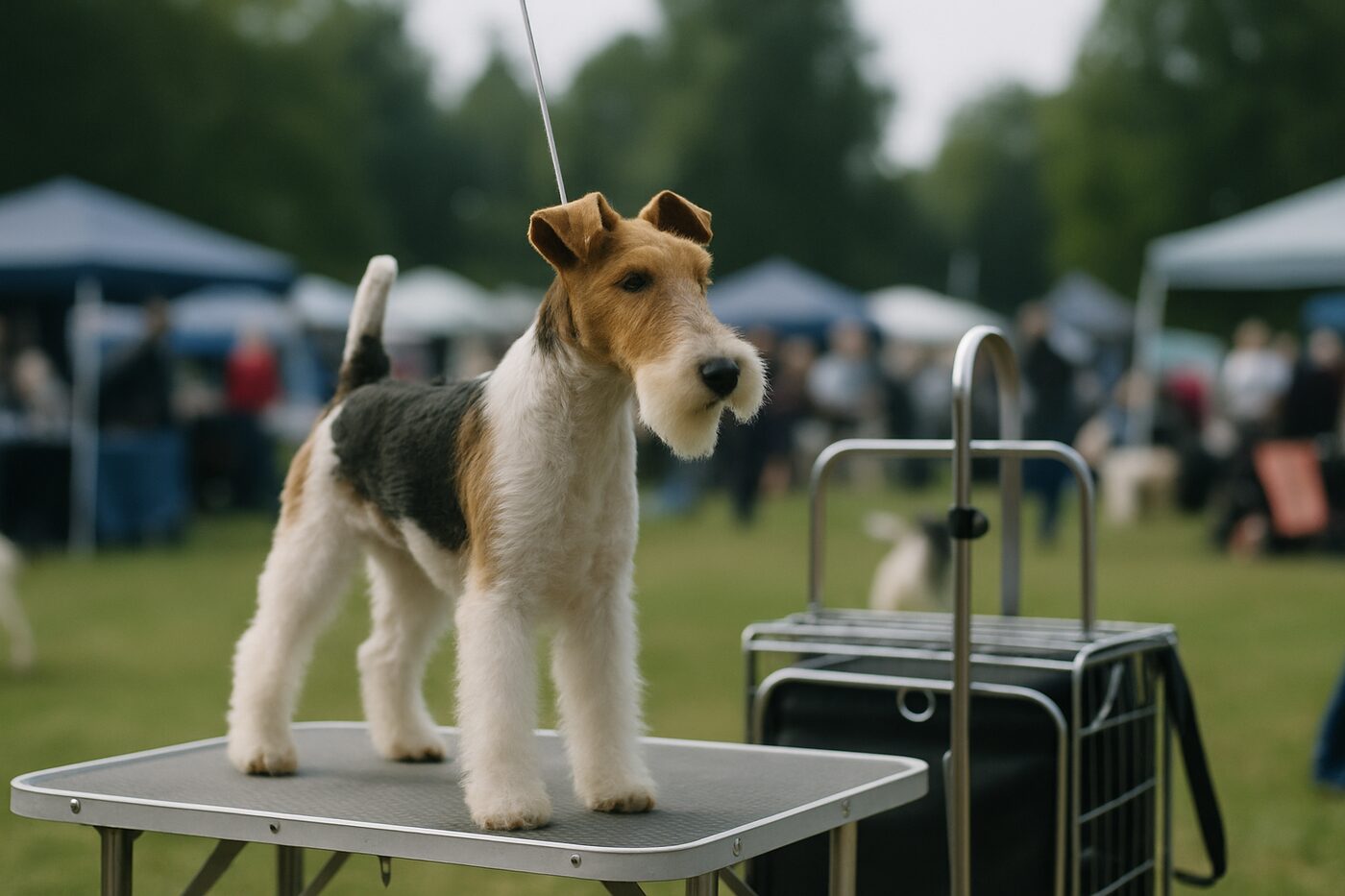 En hund som står på ett trimbord vid en hundutställning