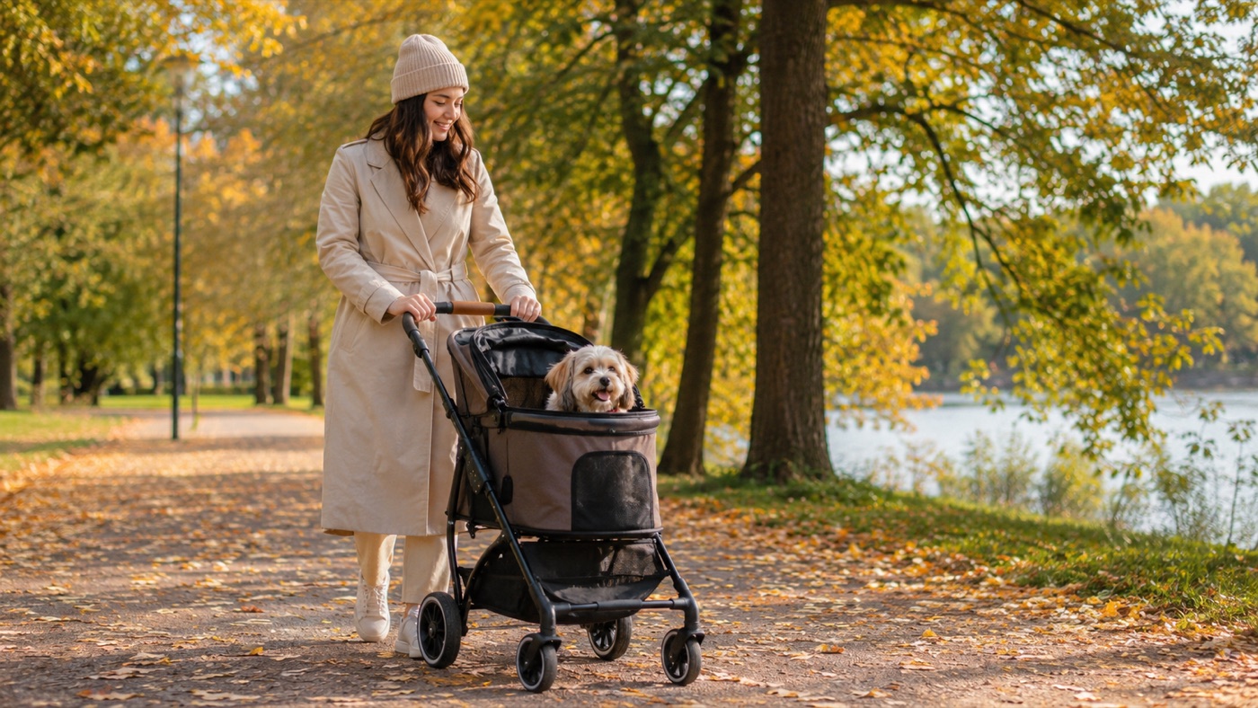 Person på promenad med hund i vagn