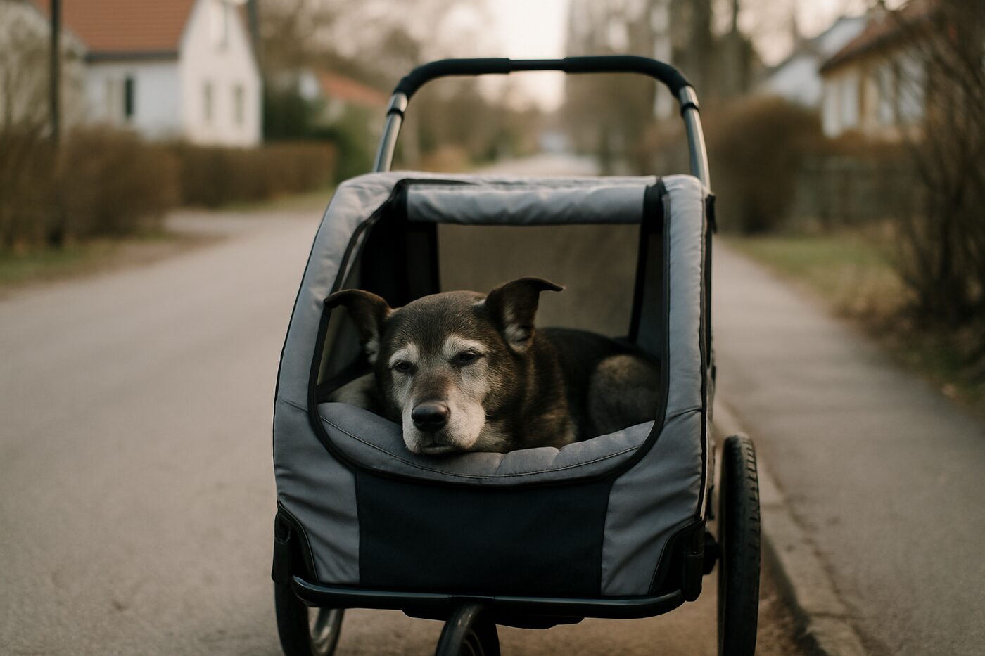 Äldre hund vilar i en hundvagn medan ägaren promenerar
