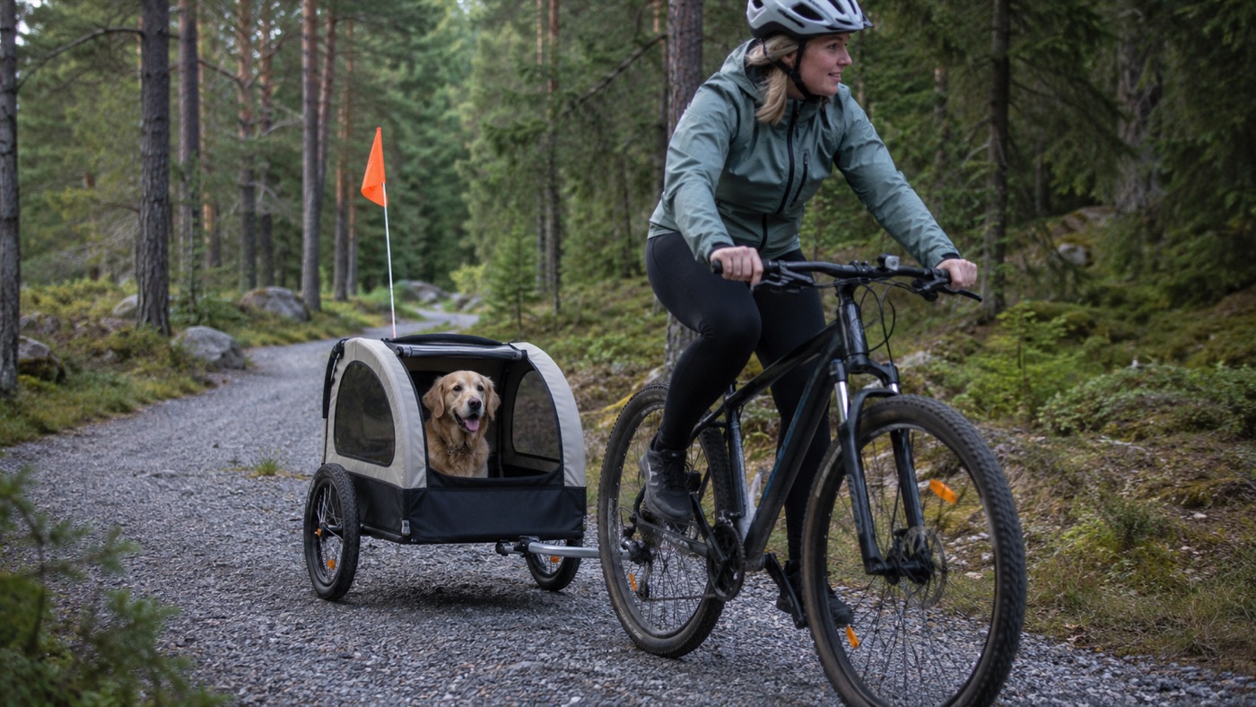 Kvinna som cyklar med hund i cykelvagn
