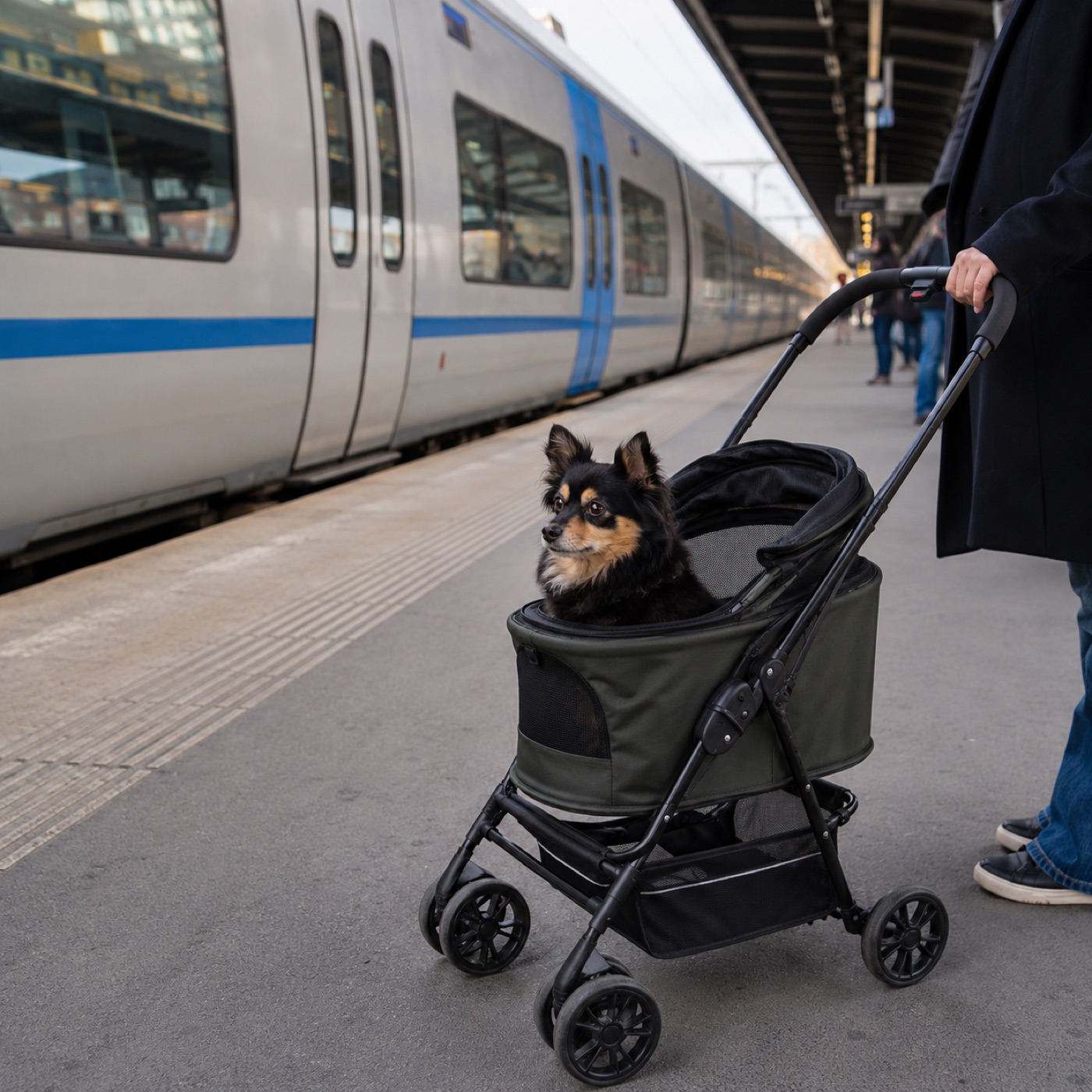 Liten hund i hopfällbar vagn på tågperrong
