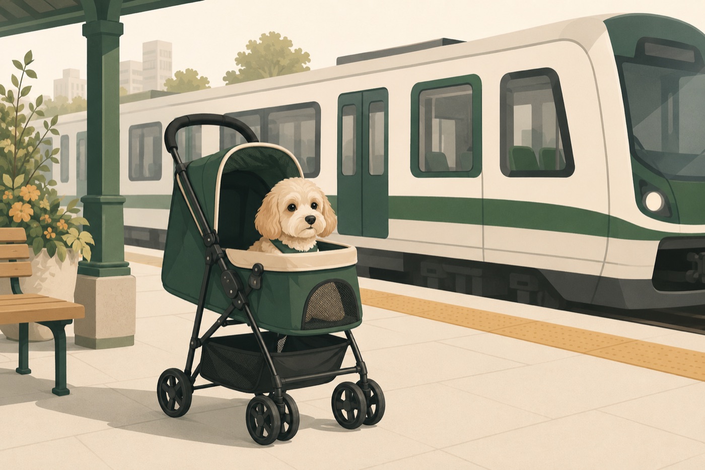 Illustration av en liten hopfällbar hundvagn med hund på en tågperrong