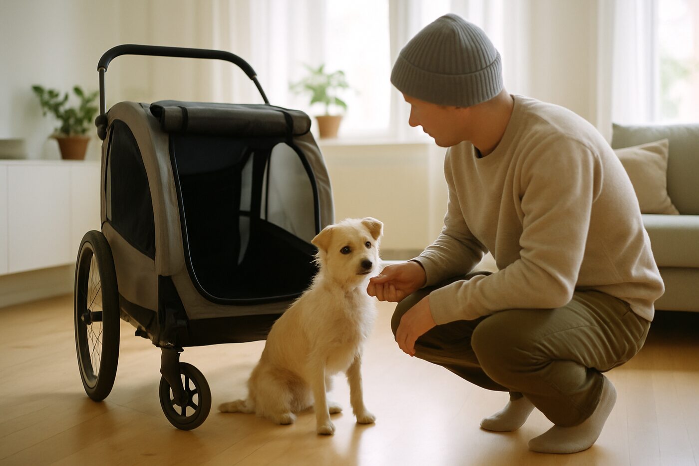 Hund lockas in i en hundvagn med godis vid lugn tillvänjning