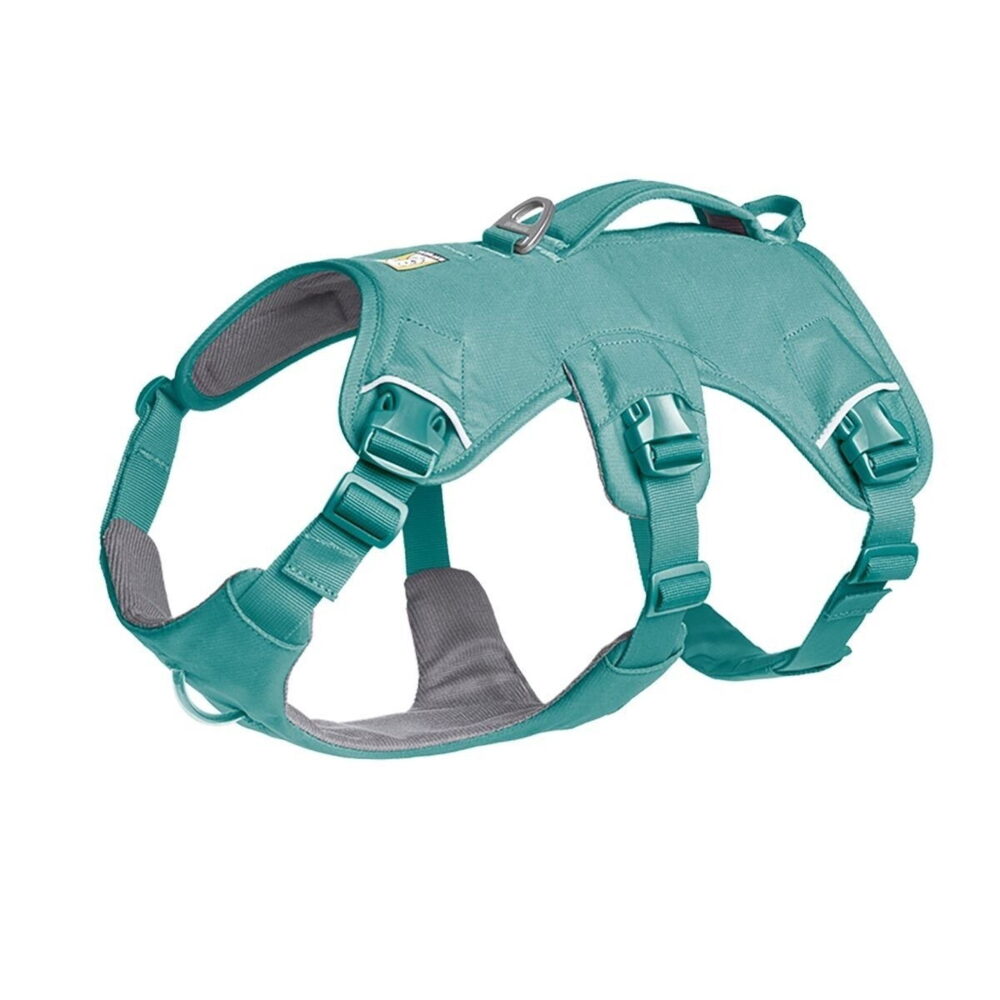Ruffwear Web Master Hundsele i grönt med lyfthandtag på ryggen